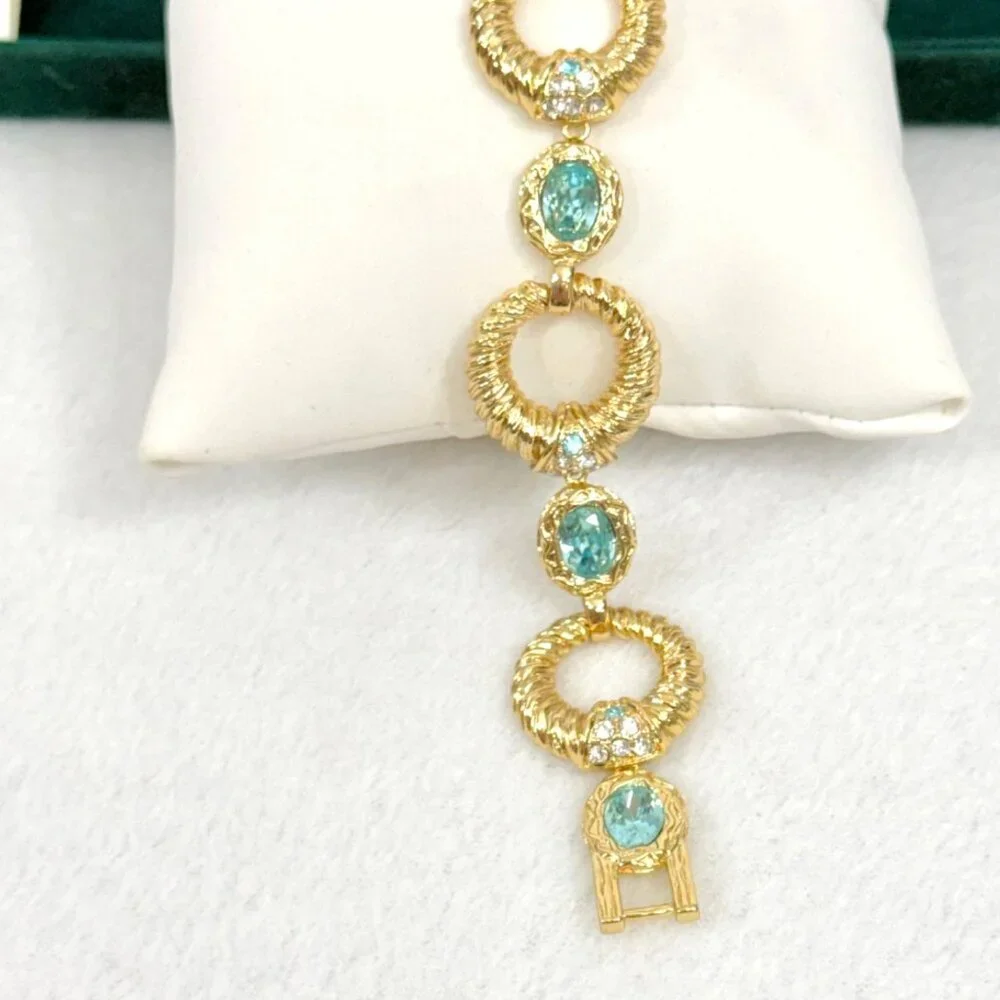 Vntg. Princess Grace Collection Gold Tone Bracelet w/Aqua Crystals & Rhinestones - Picture 3 of 15